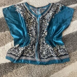 Heart and Soul Woman's Large Teal & Black Charmeuse Blouse